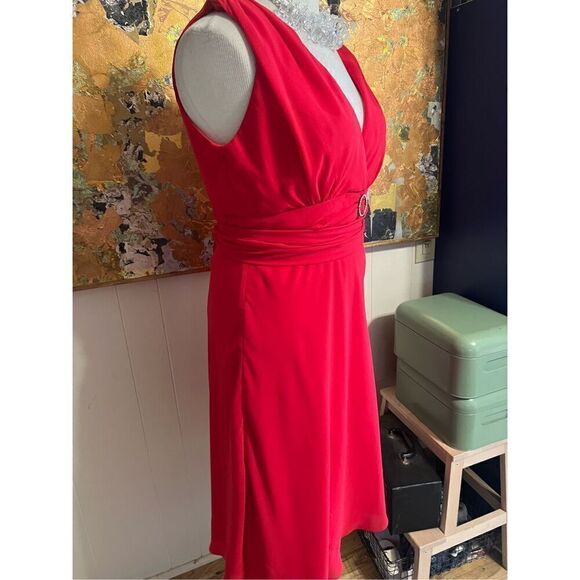NWT After Six Red “Flame” Chiffon Sleevess V-neck/Back MIDI Gown W/Rhinestone De - Picture 3 of 8
